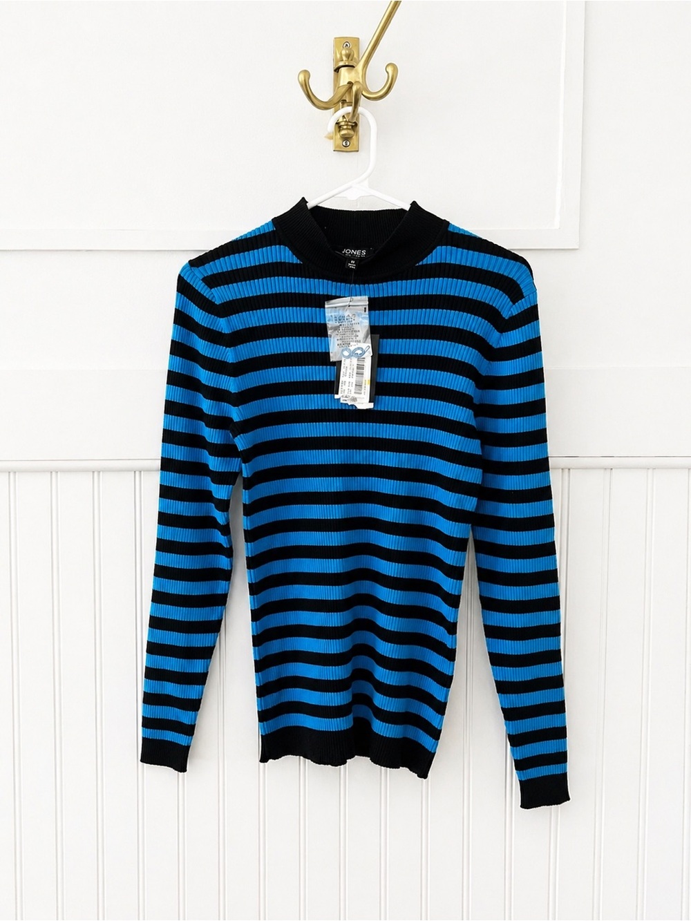 Jones New York Black and Blue Striped Crewneck Sweater